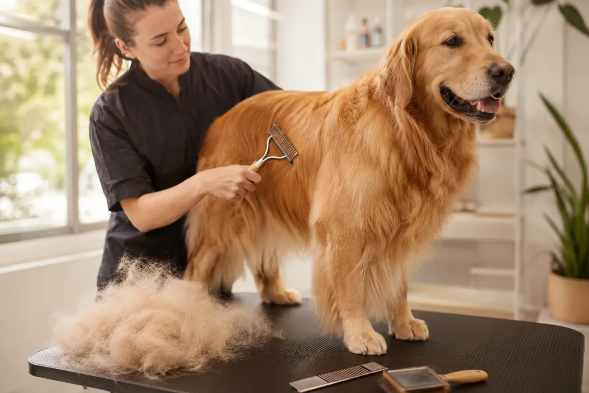 A groomer draws a deshedding rake through a golden retriever's coat with loose fur beside them