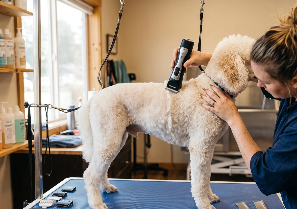 A groomer guides cordless clippers along a poodle's back, one side neatly trimmed