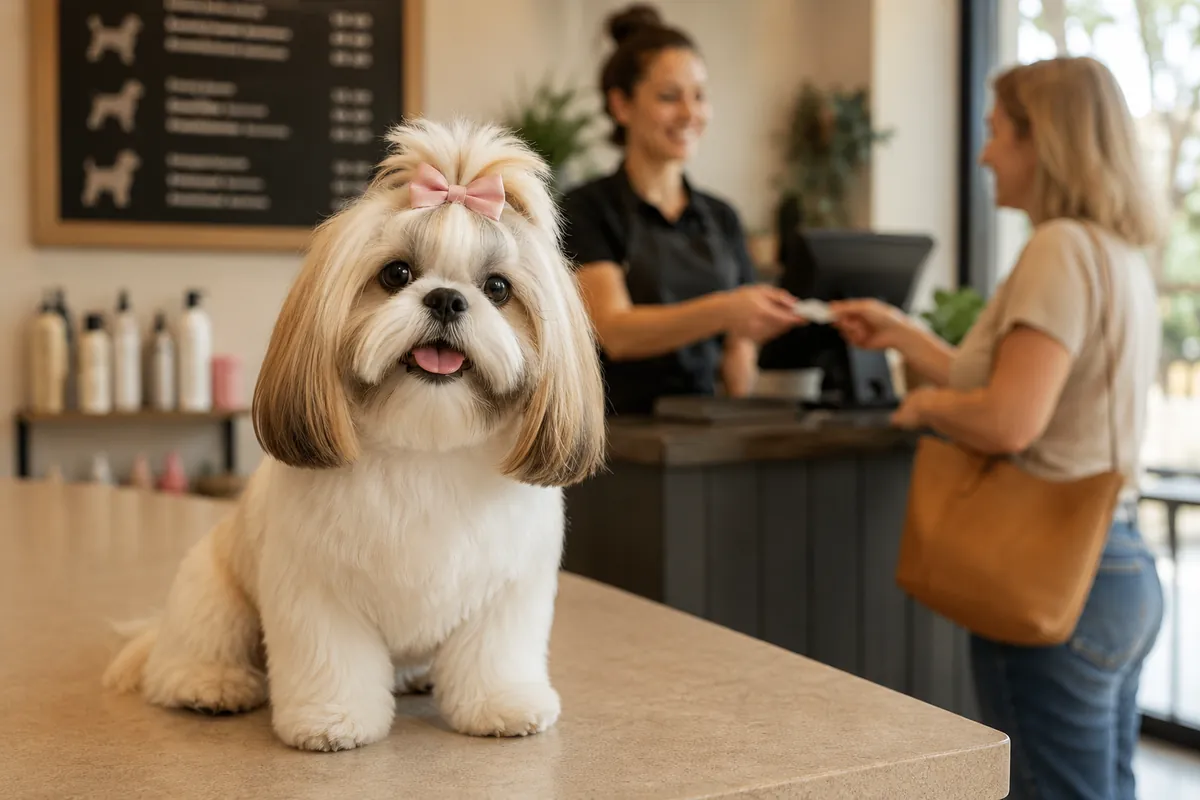 A freshly groomed shih tzu waits on the salon counter while its owner pays